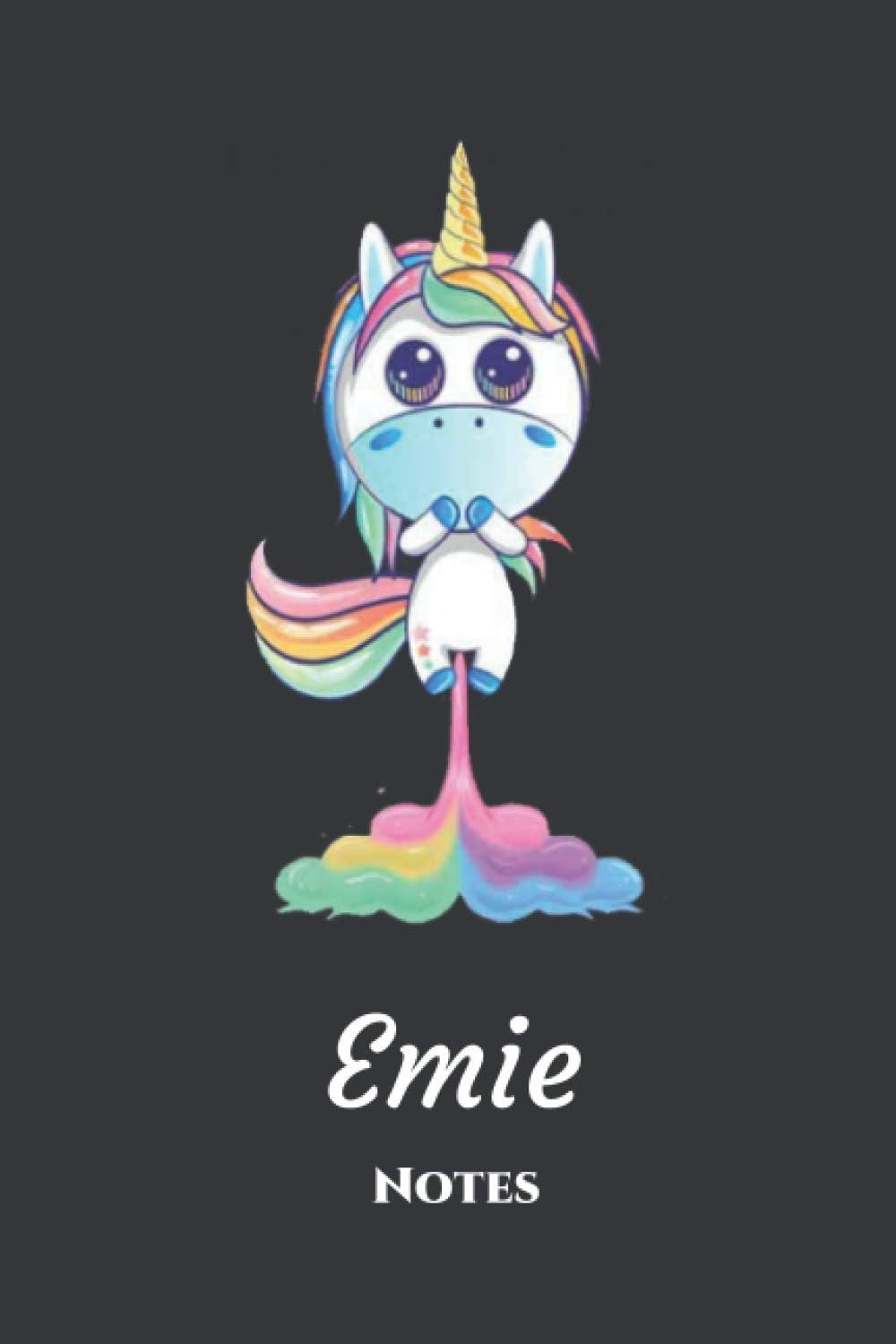 Emie - Notes: Personnalisé Carnet de notes / Journal pour les filles et les femmes. Kawaii Licorne pétant arc-en-ciel. cadeau original anniversaire femme.