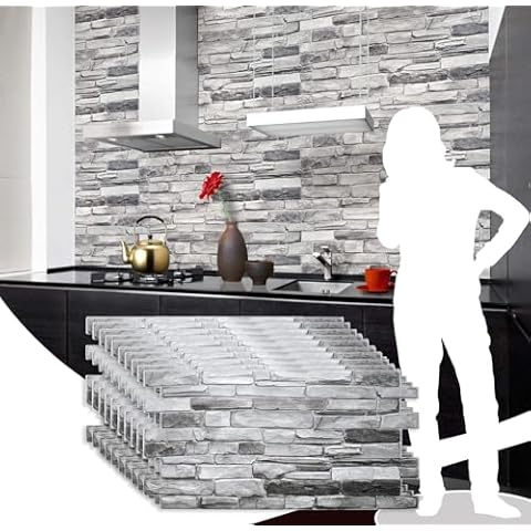 Dundee Deco GRAZPG7117-10 Grey Faux Stone PVC 3D Wall Panel, 3.2 ft X 1.6 ft (98cm X 50cm), Interior Design Wall Paneling Decor, 5.3 sq. ft. (0.49 sq. m) Each, Pack of 10 Cover