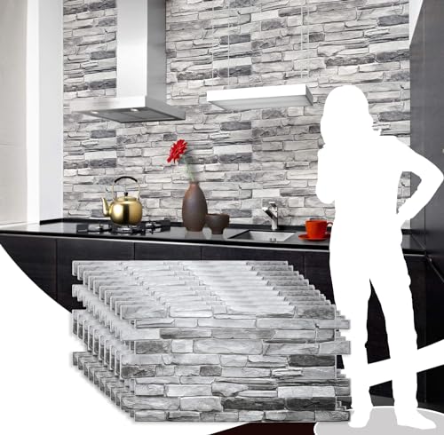 Dundee Deco GRAZPG7117-10 Grey Faux Stone PVC 3D Wall Panel, 3.2 ft X 1.6 ft (98cm X 50cm), Interior Design Wall Paneling Decor, 5.3 sq. ft. (0.49 sq. m) Each, Pack of 10