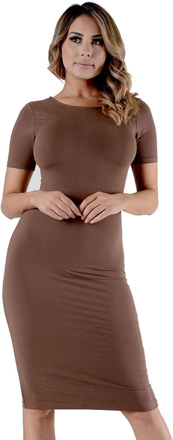 Crazy Girls Womens Cap Sleeve Stretch Bodycon Wiggle Pencil Long Midi Dress 8-22 (S/M-UK8/10, Brown Plain)