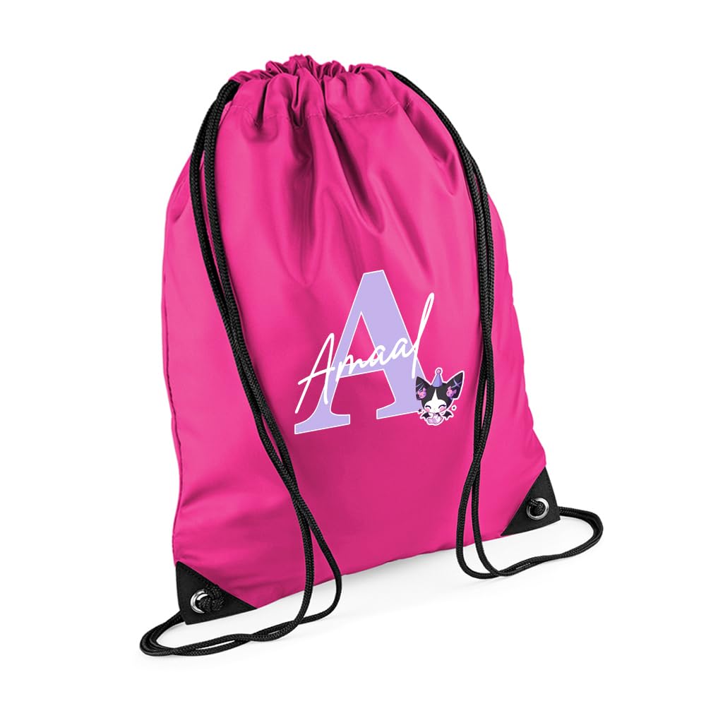 Personalised Initial & Name – Cute Cartoon Character Design – Custom Gift for Kids, Teens & Friends, PE Gym Kit Swimming, Sport Rucksack. (Fuchsia)