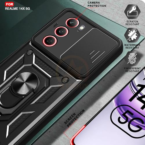 Image of Armor Bumper Back Cover Case for Realme 14X 5G Rotating Camera Cover, Ring Holder & Kickstand | Heavy Duty & 360 Degree Protection Realme 14X 5G Back Cover (Black)