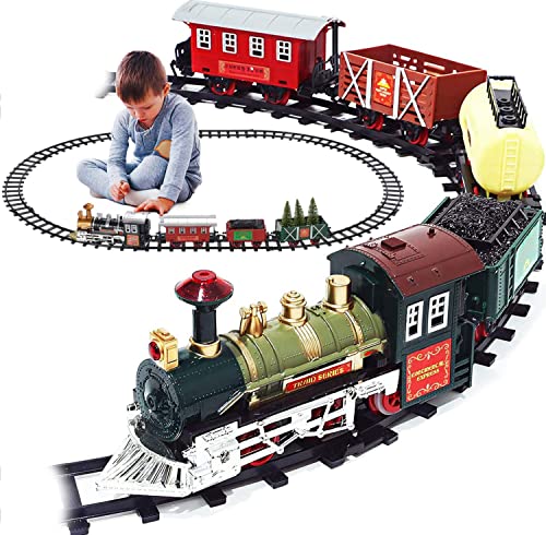 Christmas Train Set Around Under The Christmas Tree with Light & Sound, Carriages, Tracks, Decoration Gift for Kids