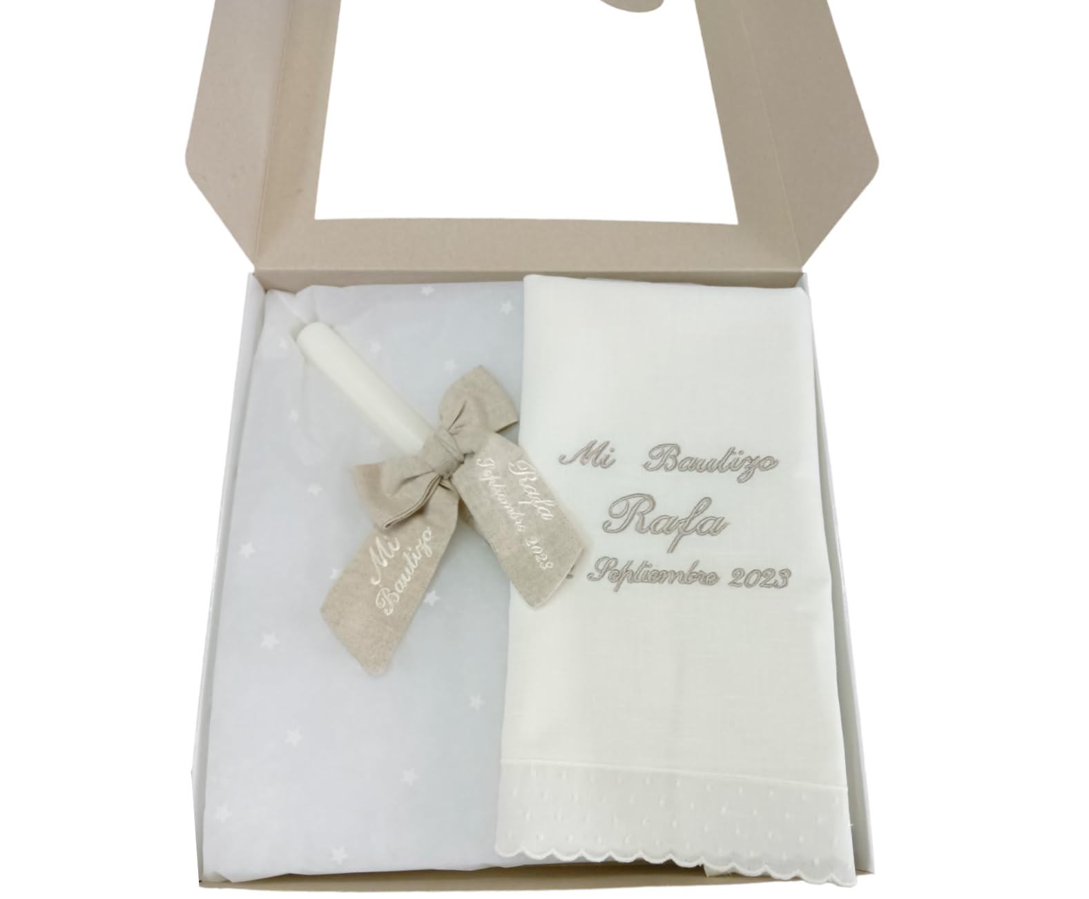 Kit de vela y pañuelo personalizado para bautizo – Pack de vela decorada para Bautizo y Paño bordado con nombre y fecha del Bautismo - Modelo Lino (Rústico)