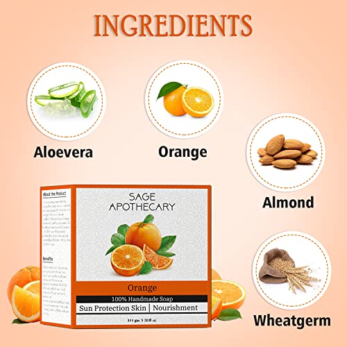 Image of Sage Apothecary 100% Natural Luxury Handmade Orange Bath Soap for Skin Brightening | Nourish and Refreshing Skin with Organic Ingredients | Sun Protection Skin- 100 GM (PACK OF 1)