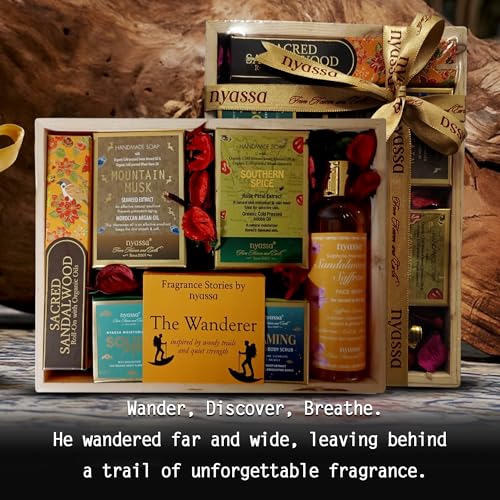 Image of Nyassa The fragrance stories by nyassa: THE Wanderer Gift set | Natural Bath and Body Care Set | Handmade Soap | Roll On | Solid Perfume | Face and Body Scrub | Face Wash