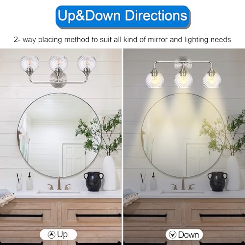 Image of MELUCEE 3 Lights Modern Vanity Lights Over Mirror, Brushed Nickel Bathroom Lighting Fixtures with Clear Striped Swirl Glass Shade, Metal Wall Mount Lamp for Mirror, Bathroom Living Room Workshop