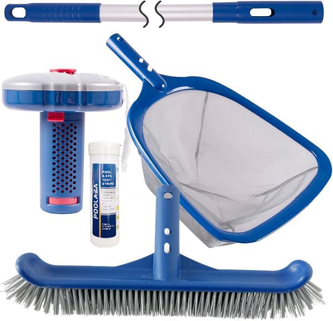 Pool Cleaning Kit for Above Ground & Inground Pools Includes Pool Brush Head Pool Skimmer Net 57.5 Thickened Aluminum Pool Pole Pool Floater & Pool Test Strips for Complete Pool Maintenance