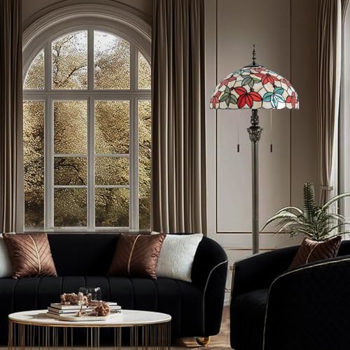 Image of Tiffany Floor Lamp, 16 inch Stained Glass Maple Leaf Shade with Antique Bronze Base, 2-Light E26 Pull Chain Standing Reading Light for Living Room Bedroom16x16x64 Inches (White Maple Leaf)