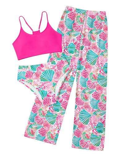 Image of NECIOUS Girls Swimsuit, 3 Piece Bikini Bathing Suit Tropical Floral Swimwear with Cover Up Pants 7-16Y