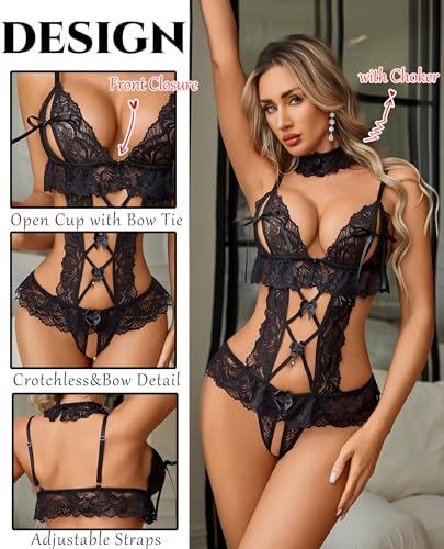 Avidlove Womens Lace Teddy Bodysuit Lingerie Set with Choker V Neck Black S - image 3
