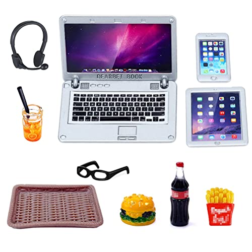 KKSJK 10 Stück Puppenhaus Lernen Zubehör, Miniatur Wichtel Zubehör, Simulation Metall Laptop Handy und Tablet, Mini Brille Hamburger Cola Pommes Getränke Tablett