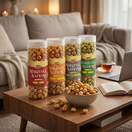 Image of MAKHANA NATION Roasted Flavoured Makhana Combo - 360g | Mint Masti, Peri Peri, Salt & Pepper and Tangy Cheese | Crunchy Fox Nuts Snack | High Protein, Low Calorie | Gluten Free & Ready to Eat | (90g x 4 Packs)