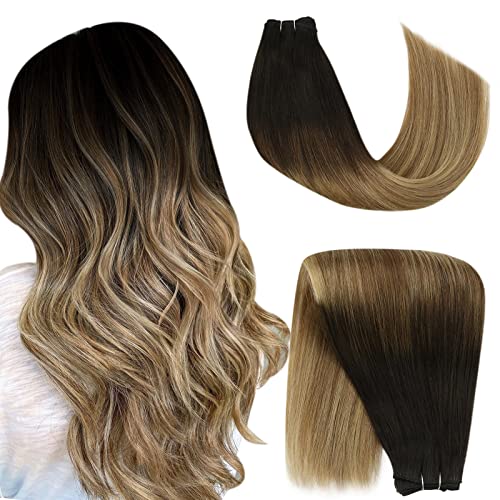 YoungSee 24inch Balayage Human Hair Wefts Hair Weaves Remy Sew in Bundles Balayage Darkest Brown Fading to Medium Brown with Blonde Double Wefted Hair Extensions 100G