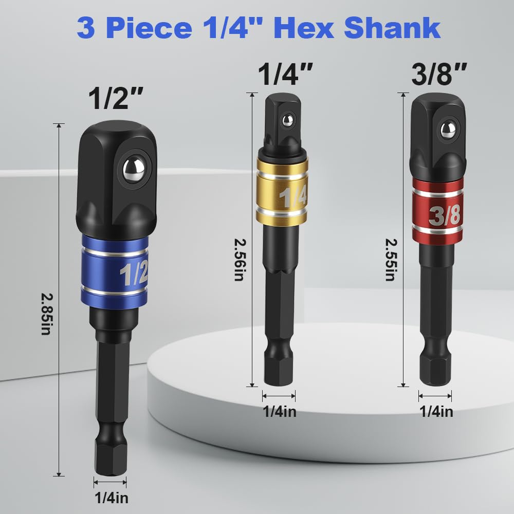 3 Piece Impact Socket Adapter Set, 1/4-Inch Hex Shank, Chrome Vanadium Steel Drill Extension Bar, Includes 1/4in, 3/8in, and 1/2in Drive Socket Adapters with Storage Holder - 3