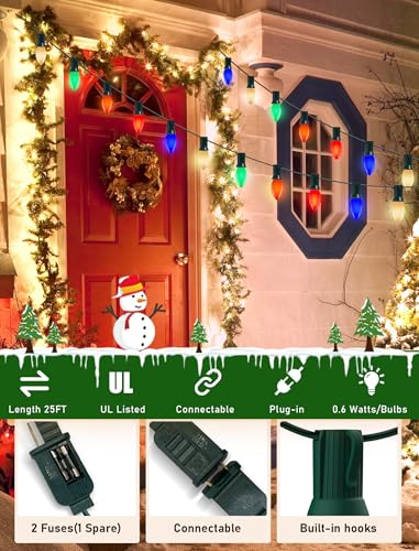 Image of C9 LED Christmas Lights Outdoor 25Ft Outdoor Christmas Decorations String Light Waterproof with 26 C9 LED Multicolor Bulbs, Hanging Vintage Christmas Lights for Patio Roofline Garden Holiday Party