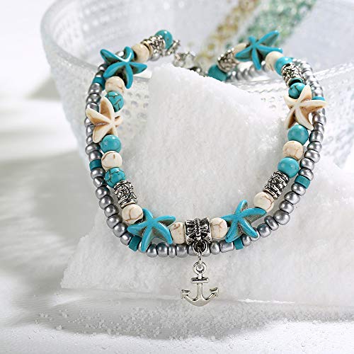 Image of Softones Blue Starfish Turtle Anklet Multilayer Charm Beads Sea Handmade Boho Anklet Foot Jewelry for Women