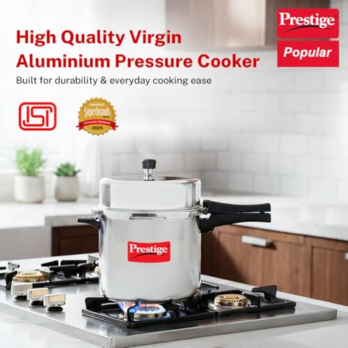 Image of Prestige 12 Litre Aluminium Popular Outerlid Pressure Cooker | Virgin Aluminium| Gas Compatible|Controlled Gasket Release System|5 years warranty|ISI Certified