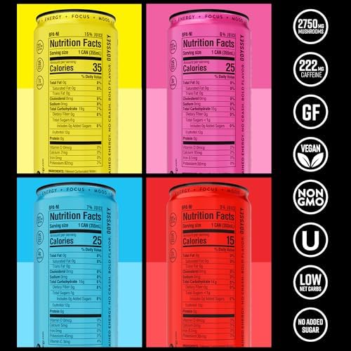 Image of Odyssey Functional Energy Drink Variety Pack, 222mg Green Tea Caffeine, Clean Energy & Focus, Low Calorie, No Added Sugar, No Crash, Lion's Mane & Cordyceps, 12 Pack 12 Fl Oz