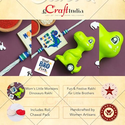 Image of eCraftIndia Mom's Little Monsters Dinosaurs Rakhi for Kids with Best Bro Ever Fridge Magnet | Kids Rakhi for Brother Bhaiya Bhai | Dinosaur Gift | Roli Chawal Pack