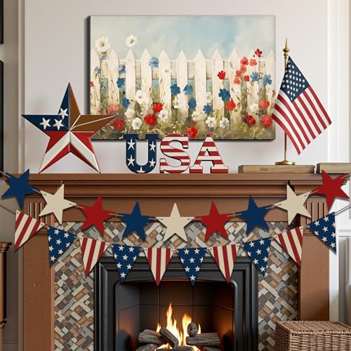 Image of Framed Old Glory American Flag Wall Art, Patriotic Classic Canvas Art Pictures, USA Traditional Wall Decor, Made in USA Ready to Hang for Living Room Entryway Hall