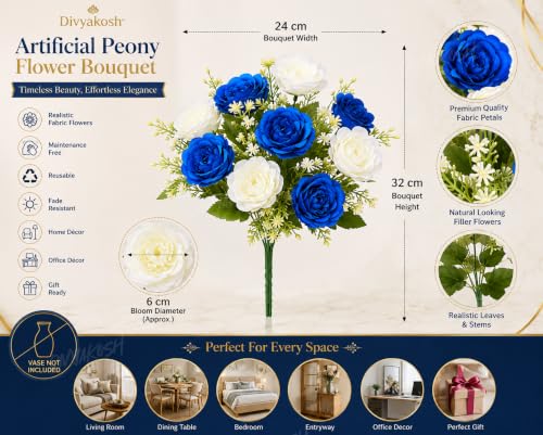 Image of Divyakosh Artificial Flowers Bunch (Vase Not Included). Artificial Flower for Vase, 5 Royal Blue & 5 Cream White Peony Bouquet, Artificial Flower for Living Room Office Dining Table