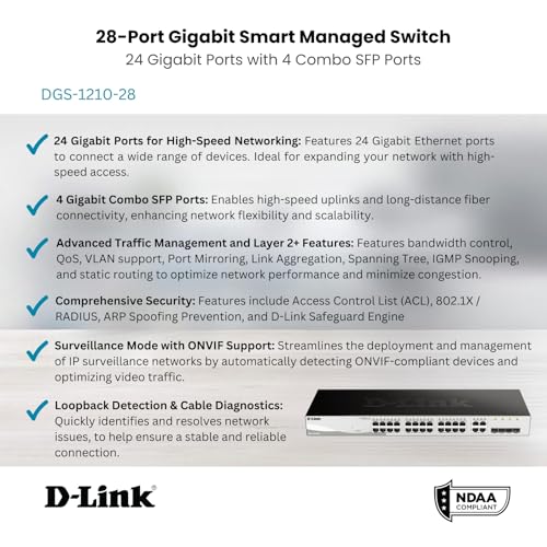 Image of D-Link 28-Port Gigabit Smart Managed Switch | 24 GbE + 4 SFP Combo Ports | L2+ | VLANs | Cable Diagnostics | Web UI | Rackmount | Fanless | NDAA Compliant | Lifetime Warranty (DGS-1210-28)