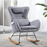 LOPOO Rocking Chair Nursery, Teddy Upholstered Baby Glider with High Backrest Lumbar Cushion Side Pockets, Accent Recliner with Comfy Headrest, Reading Armchair for Bedroom Living Room Furniture Grey