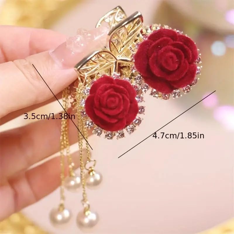 Navmav 2pieces Trendy Rose Flower Design Clutcher Korean Stylish Zircon Stone With Pearl Pendent Hair Claw ' Hair Pin Tassel Hair Claw Female Hair Accessories For Woman & Girl 1
