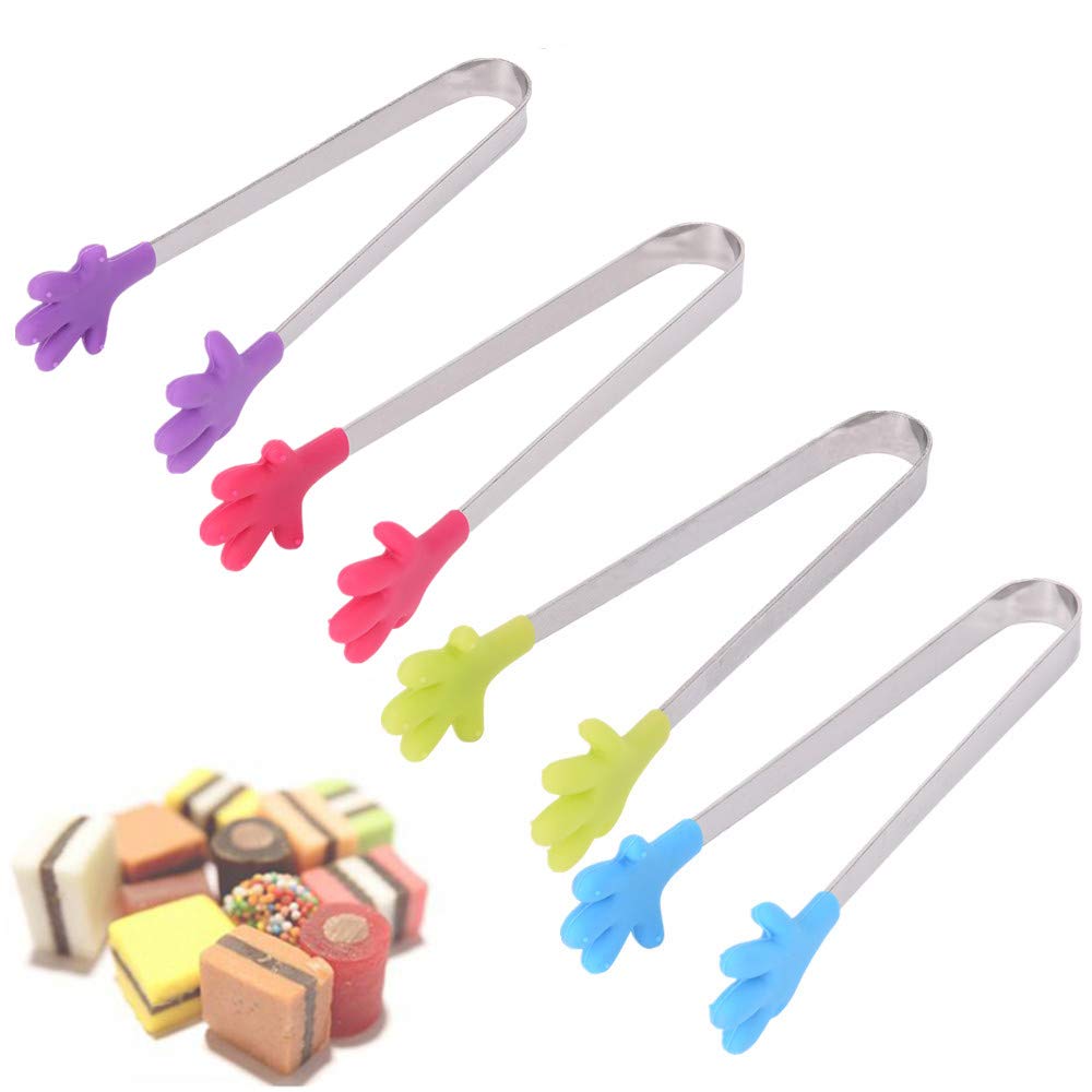 4 Pcs Multifunctional Mini Food Clips 5 inch, Stainless Steel Handle and Hand Shaped Designed Silicone Tongs, Creative Kitchen Gadgets for Sweets, Ice Cube, Spices, Sugar, Barbecue