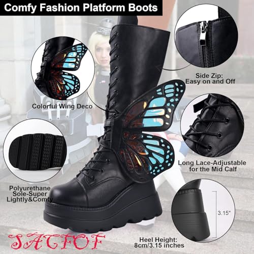 SACFOF Women Platform Punk Goth Mid Calf Boots Chunky High Heel Side Zip Butterfly Wings Knee High Motorcycle Combat Booties2