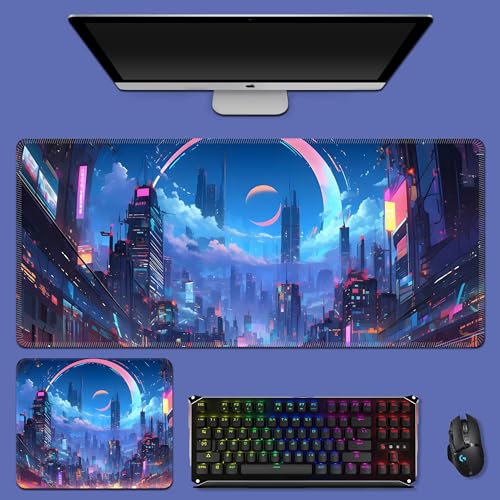 SCI-FI City XL(80cm x 30cm)、拡張大型マウスマット デスクパッド、ステッチエッジ、滑り止めラバーベース、キーボードパッド(11.8 x 31.5インチ) (6)、ZY-3159