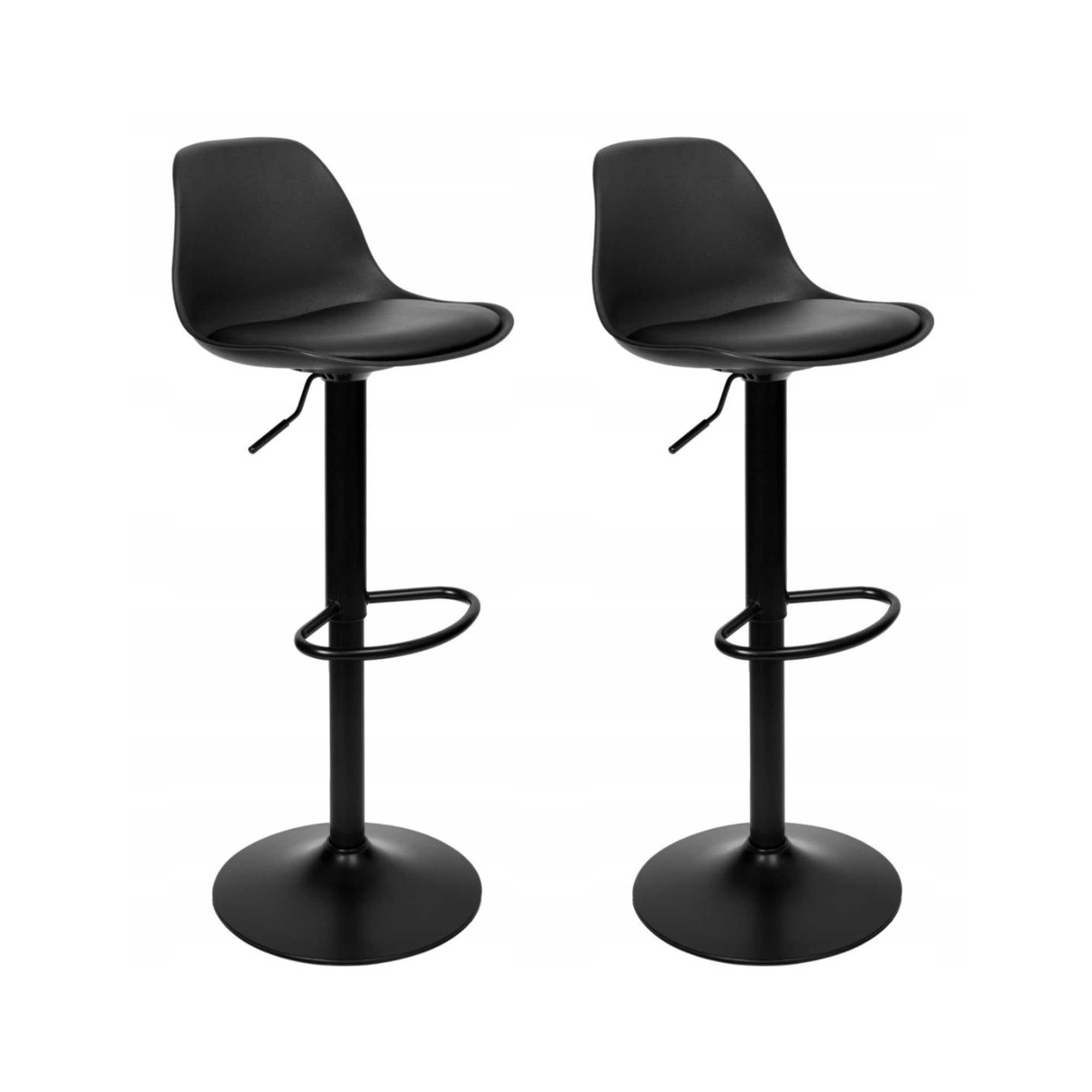Pack 2 Taburetes de Bar Negros Regulables en Altura 83-103 cm con Giro 360°, Asiento Acolchado de Cuero Sintético, Reposapiés y Base Metálica Antideslizante, para Cocina, Barra Americana y Hostelería