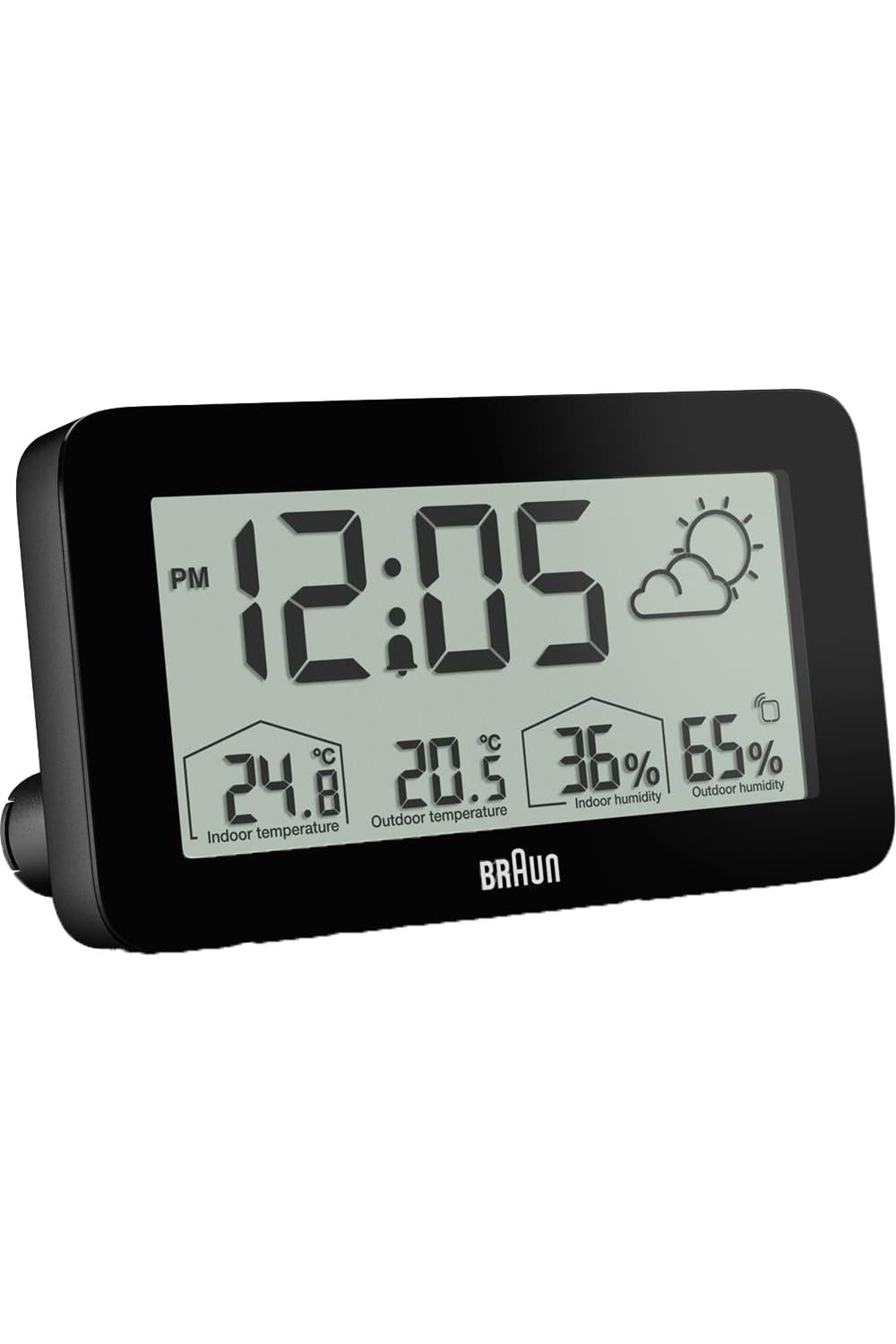 Braun Digital Weather Station Clock with Indoor and Outdoor Temperature and Humidity, Forecast, LCD Display, Quick-Set, Crescendo beep Alarm in Black, Model BC13BP.