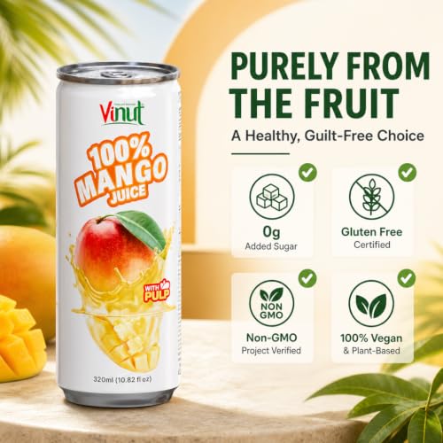 Image of VINUT 100% Mango Juice with Pulp, Tropical Fruit Nectar, No Added Sugar, Not From Concentrate, Gluten Free & Non-GMO Drink, 100% Vegan /Plant-Based, 10.82 fl oz Cans (Pack of 24)