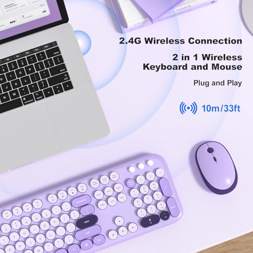 Image of KNOWSQT Wireless Keyboard and Mouse Combo - Lovely Violet 2.4G Full-Sized Colorful Keyboards, Round Keycap USB Dongle Plug Play Cute Keyboards for Windows, Laptop, PC, Desktop, Mac
