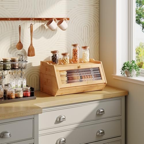 HOOBRO Bread Box, Bamboo Bread Box for Kitchen Countertop, Farmhouse Bread Storage Box with Acrylic Window, Bread Holder with Drop-Down Door, for Food Storage, Natural EYL30MB01 - Cosy Home Interiors HOOBRO Bread Box, Bamboo Bread Box for Kitchen Countertop, Farmhouse Bread Storage Box with Acrylic Window, Bread Holder with Drop-Down Door, for Food Storage, Natural EYL30MB01 - Image 5