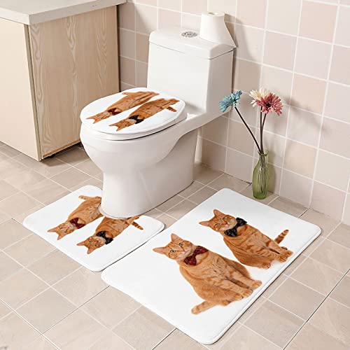 3 Teilig Badematte Set Orangene Katze 3D Badematten Set rutschfest, Badezimmerteppich,U-förmiger WC-Vorleger,WC…