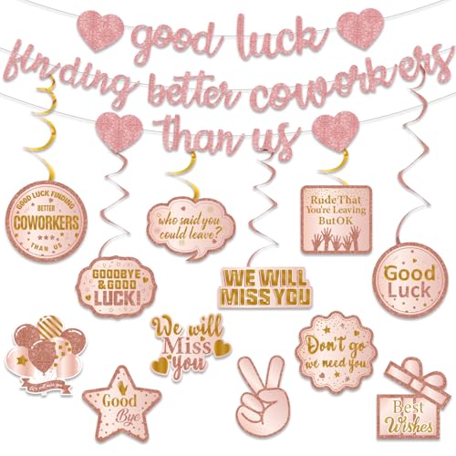 Image of Pre-Strung Good Luck Finding Better Coworkers Than Us Banner, Pink Rose Gold Glitter Going Away Party We Will Miss You Decorations, Great for Goodbye Farewell Job Change Party
