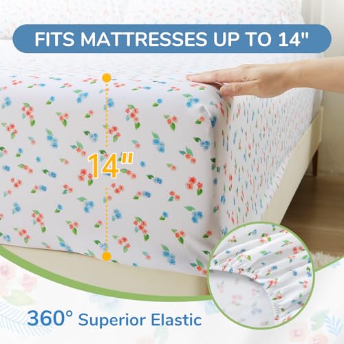 Image of MUXHOMO Queen Size 4 Piece Sheet Set, Soft & Breathable Sheet for Bedroom with Deep Pocket Up to 16 inch, Wrinkle-Free & Cooling Bed Sheet with Flat Sheet, Fitted Sheet & Pillowcases - Bicolor Floral