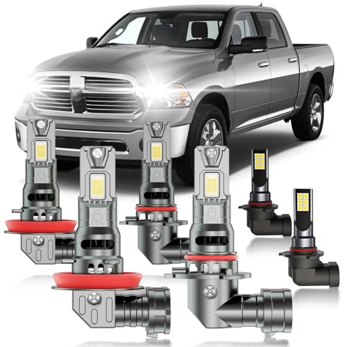 HUOKEDS for 2013-2018 Dodge Ram 1500 Fog Lights Bulbs Combo, 6pcs Super Bright White Dual Beam and Fog Lights Blubs Package, 1:1 Size as Stock Bulbs, Plug and Play