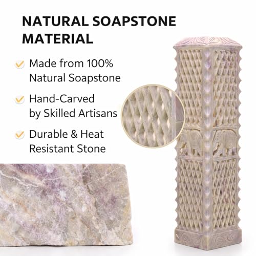 Image of Handmade Marble Soapstone Incense Stick Burner | Dhoop Batti Stand, Candle Holder, Tea Light Burner, Jaali Carving, 3 x 3 x 11 Inches