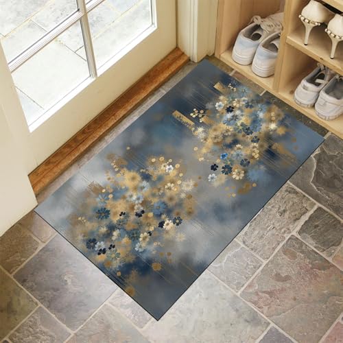 MLSOWM Felpudo Entrada Casa Flores De Papel Dorado, Alfombra Exterior Estilo Abstracto Absorbente Alfombrilla Antideslizante Lavable para Cocina, Baño, Entrada y Salón - 60x90cm, Gris Azulado