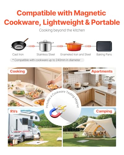 Image of VEVOR Portable Induction Cooktop, 1500W Electric Induction Burner with 9 Temperature Settings, Countertop Induction Hot Plate with 4H Timer, 24H Reservation, Child Lock, Easy to Clean, for Cooking