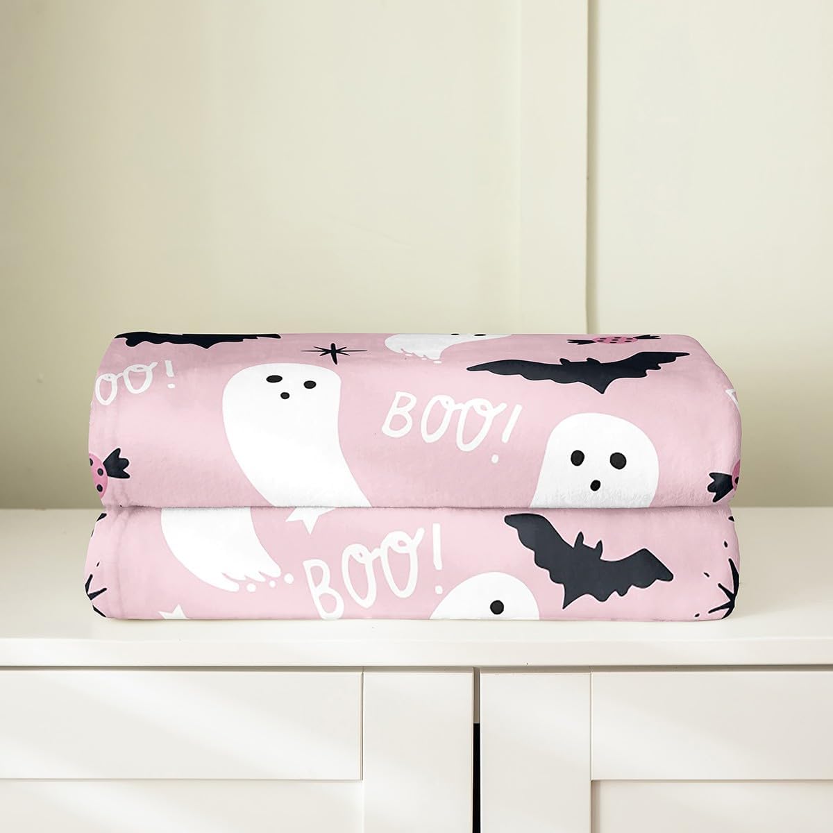 Skull Ghost Printed Plush Throw Blanket, Queen 90"x90" Kids Happy Halloween Theme Flannel Fleece Blanket for Boys Teens Bat Horror Pink All Season,Bed Blanket Breathable Candy Kawaii Decor Room Decor