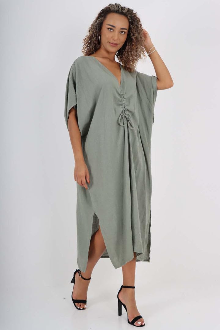 Abito da donna con scollo a V italiano con coulisse frontale casual a pipistrello a maniche corte con spacco laterale in lino vestito da festa