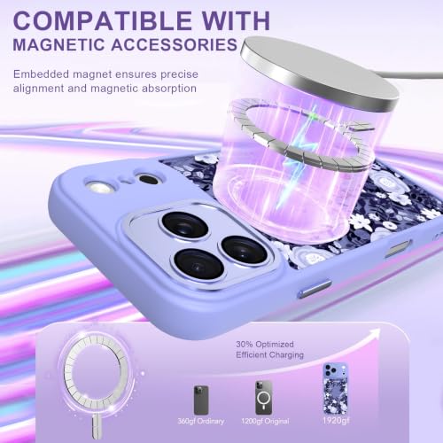 Image of Magnetic for iPhone 17 Pro Case for Women Girls, Purple Floral | Cute Flower Pattern Design [Compatible with MagSafe] [Full Camera Protection] Slim Shockproof Translucent Matte Cover