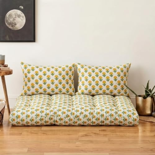 Image of Low Seating Floor Cushion 70 x 152 cm with 2 Back Support Cushions | Thick Quilted Cotton Floor Mattress Pad | Floral Printed Gadda for Sitting, Meditation, Yoga & Living Room Floor Seating