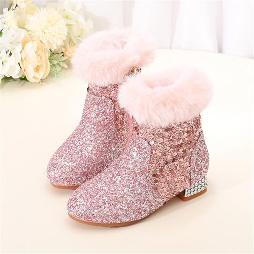 Girls Chunky Sequin Ankle Boots Low Heel Sparkly Glitter Booties Fleece F𝘂r Lined Warm Shoes with Girl Boots Warm4