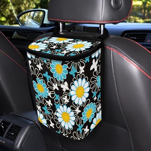 White Green Daisy Flower Print Car Trash Can with Lid Car Accessories for Men Women Trash Bin Hanging Back of Seat Collapsible Leak Proof Multipurpose Vehicle Garbage Can